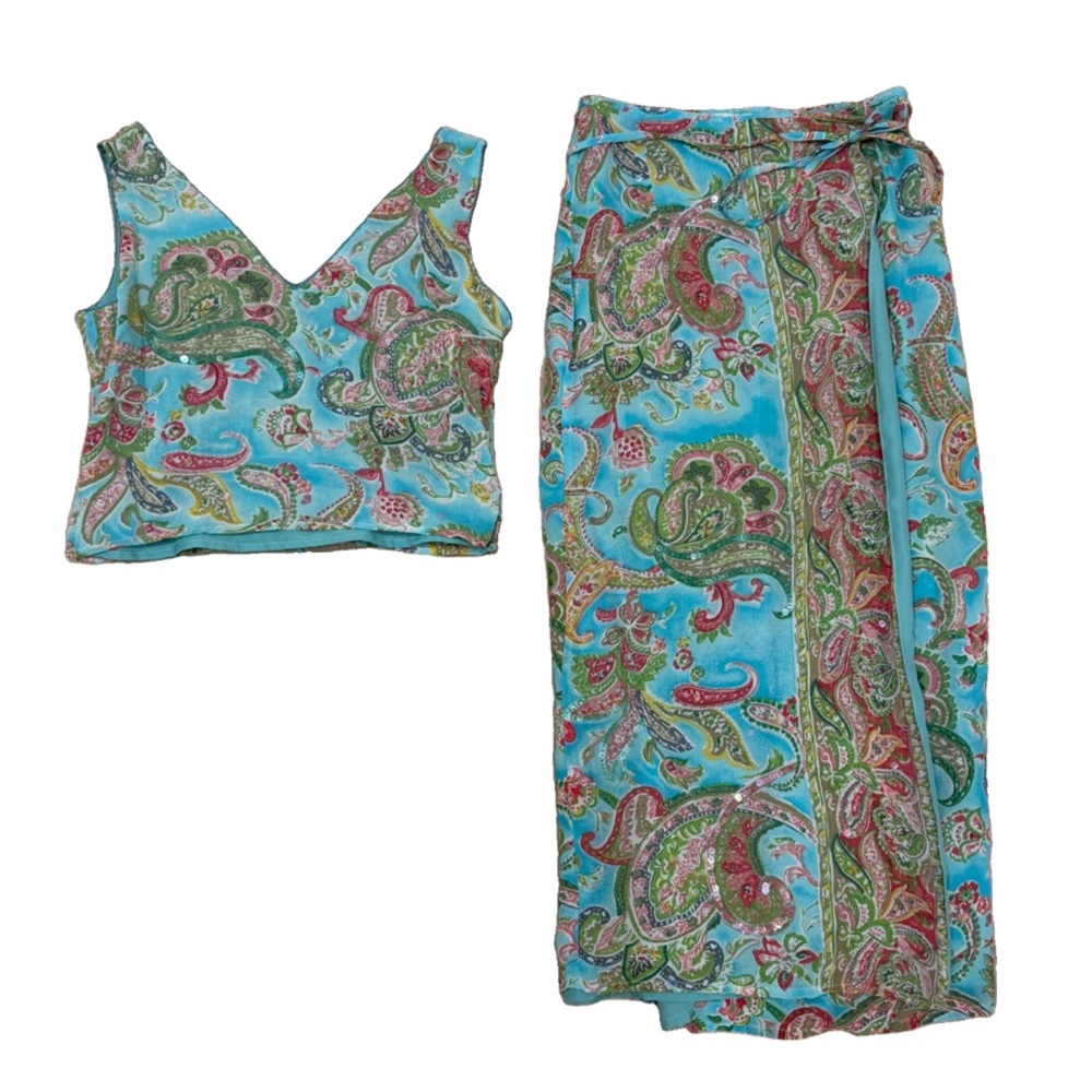 Vtg Rene Derhy Paisley Vivid Florals Sequins Top Wrap Skirt Set Size M Rayon
